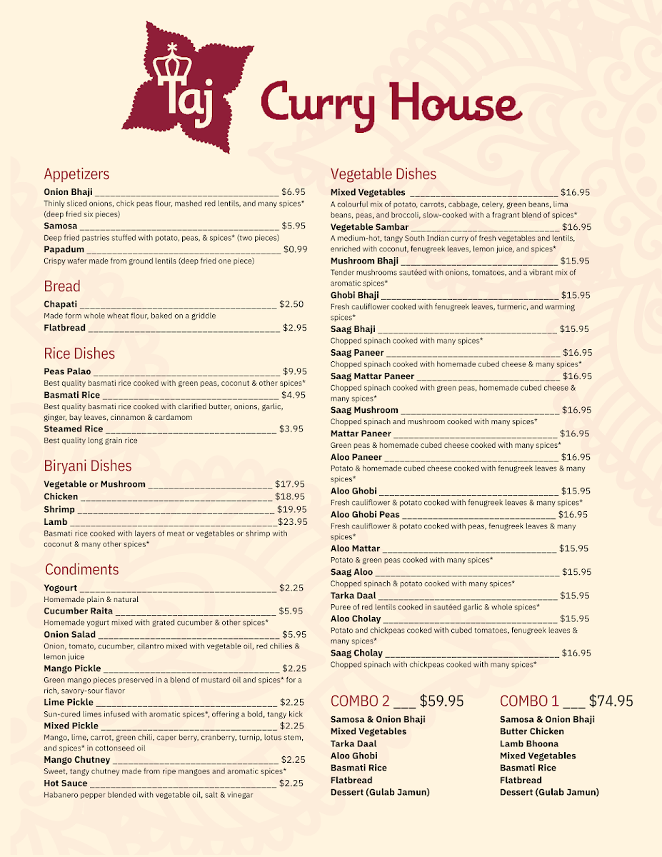 Menu, Taj Curry House