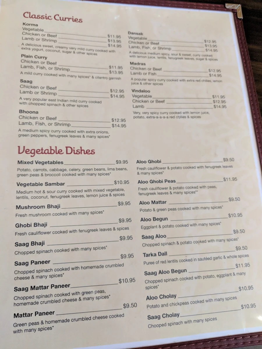 Menu, Taj Curry House
