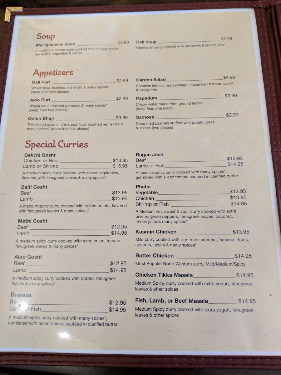 Menu, Taj Curry House