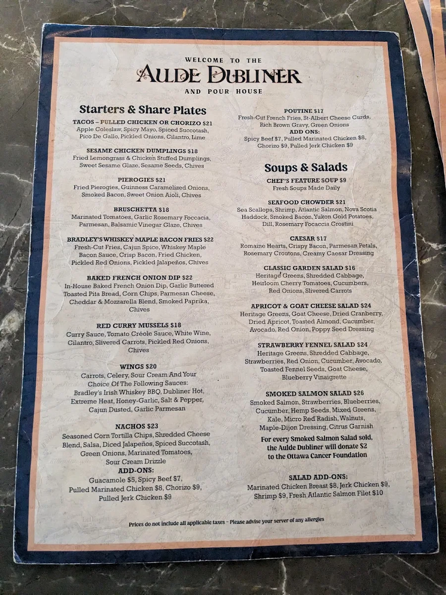 Menu, Aulde Dubliner & Pour House - ByWard Market, Ottawa ON