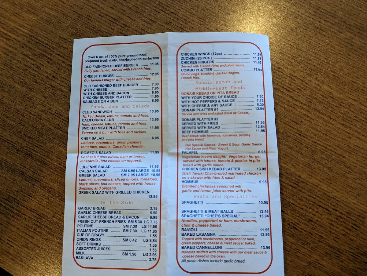 Menu, Romeo's Donair & Pizza