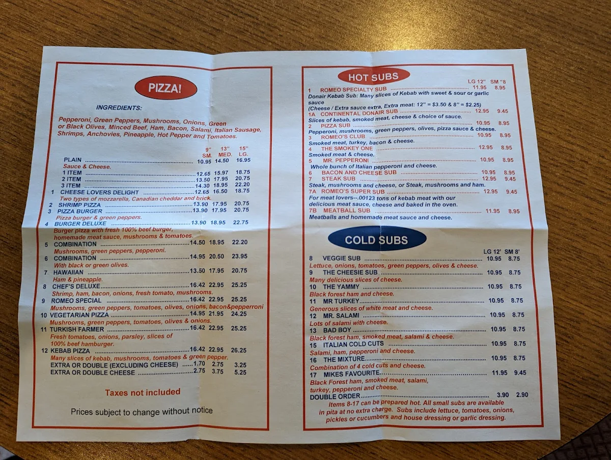 Menu, Romeo's Donair & Pizza