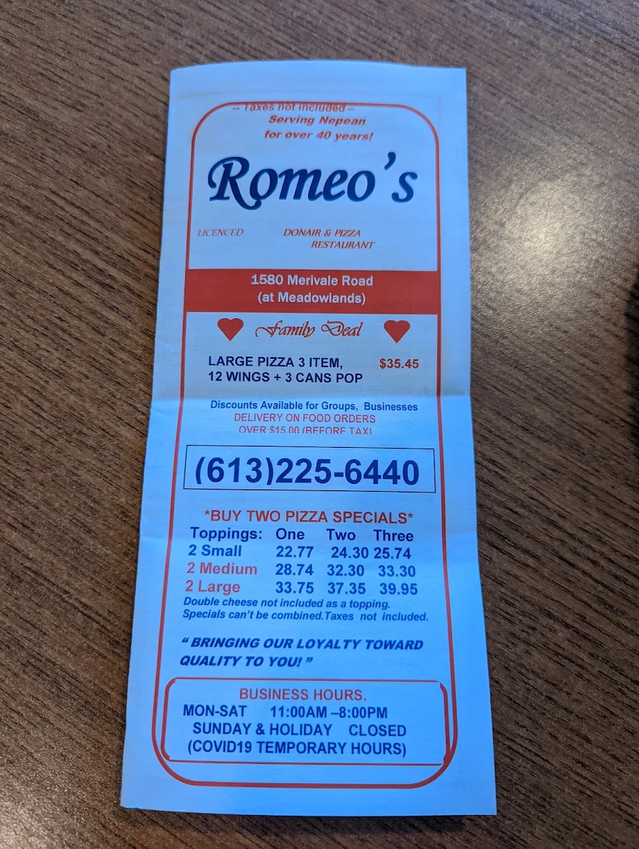 Menu, Romeo's Donair & Pizza