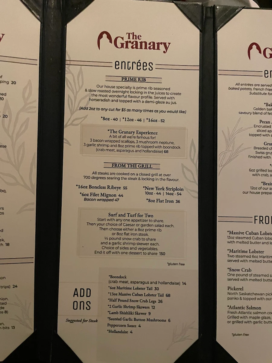 Menu, The Granary