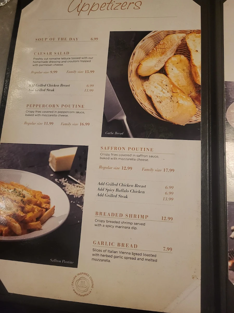 Menu, Kara Mia Restaurant - Italian Steakhouse