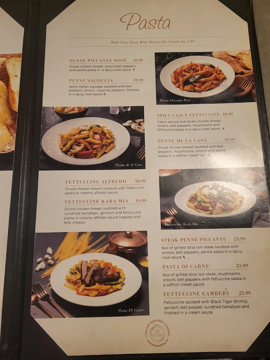 Menu, Kara Mia Restaurant - Italian Steakhouse