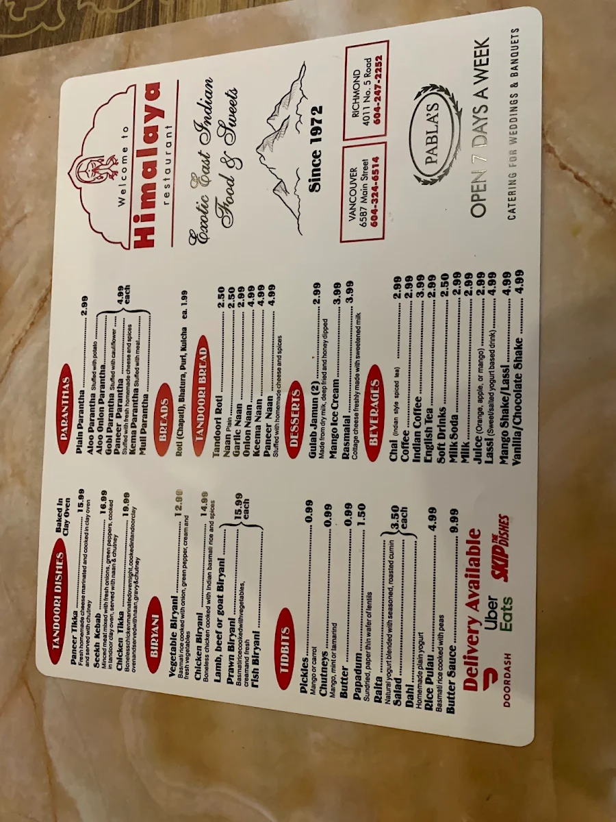 Menu, Himalaya Restaurant