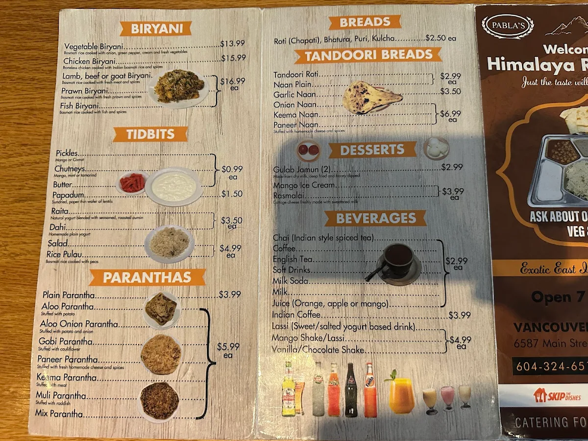 Menu, Himalaya Restaurant