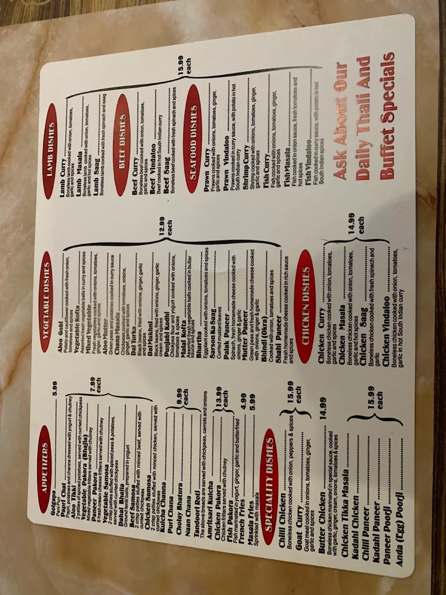 Menu, Himalaya Restaurant