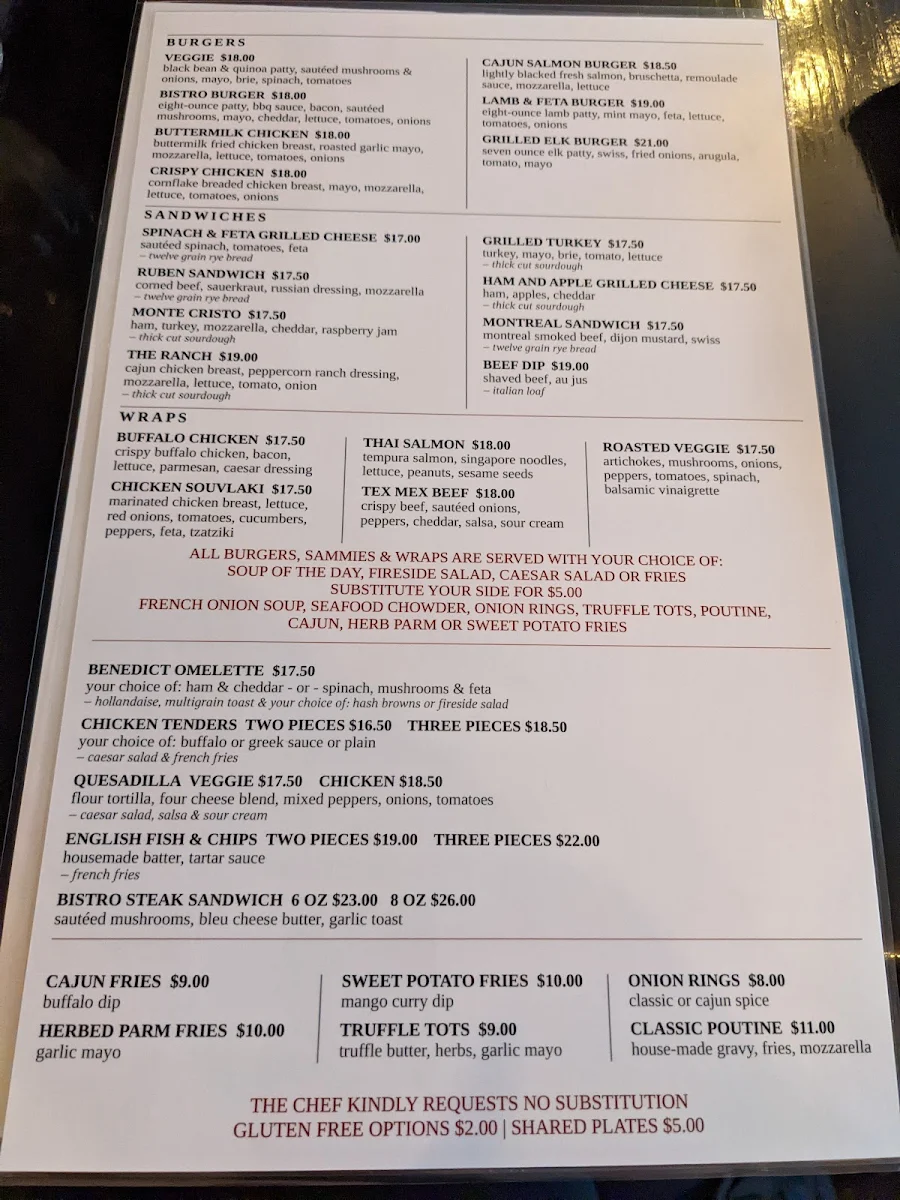Menu, Fireside Bistro