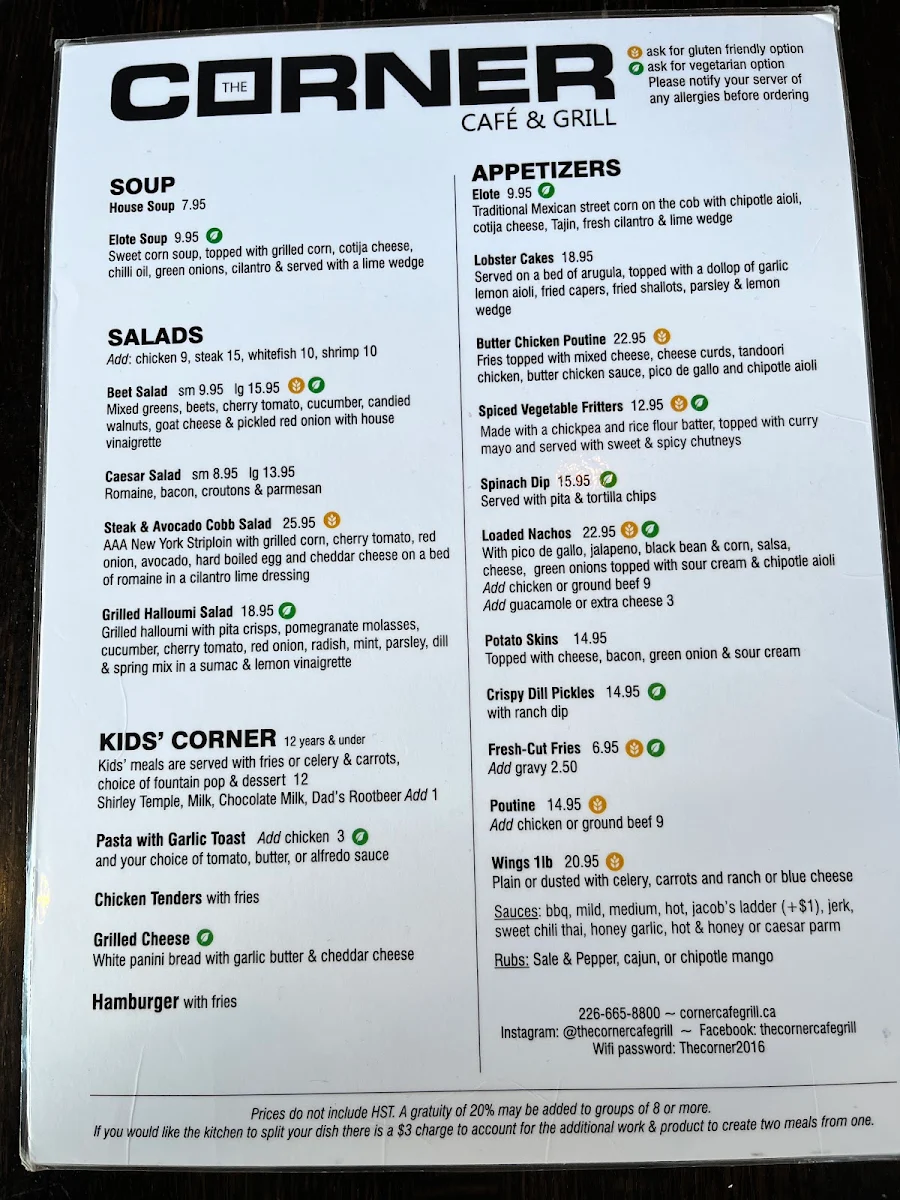 Menu, The Corner Cafe & Grill
