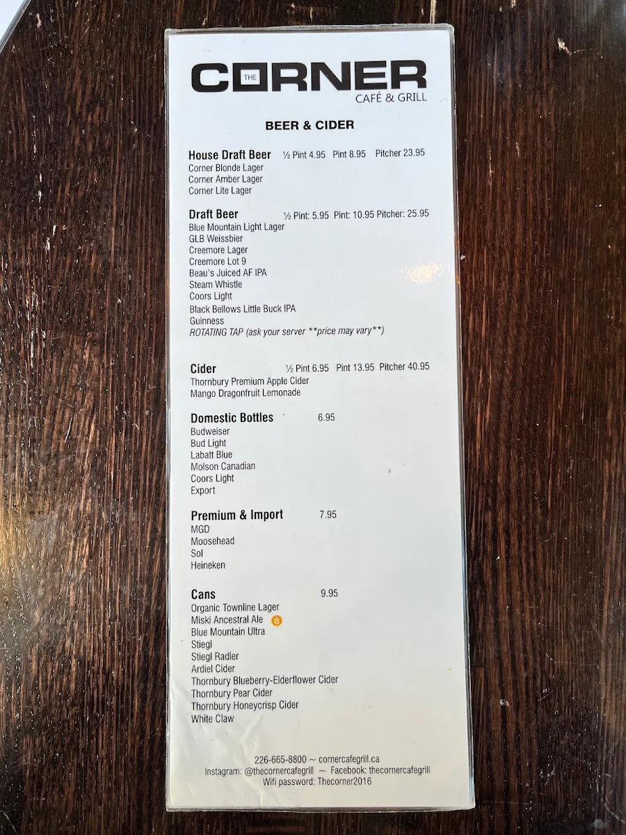 Menu, The Corner Cafe & Grill