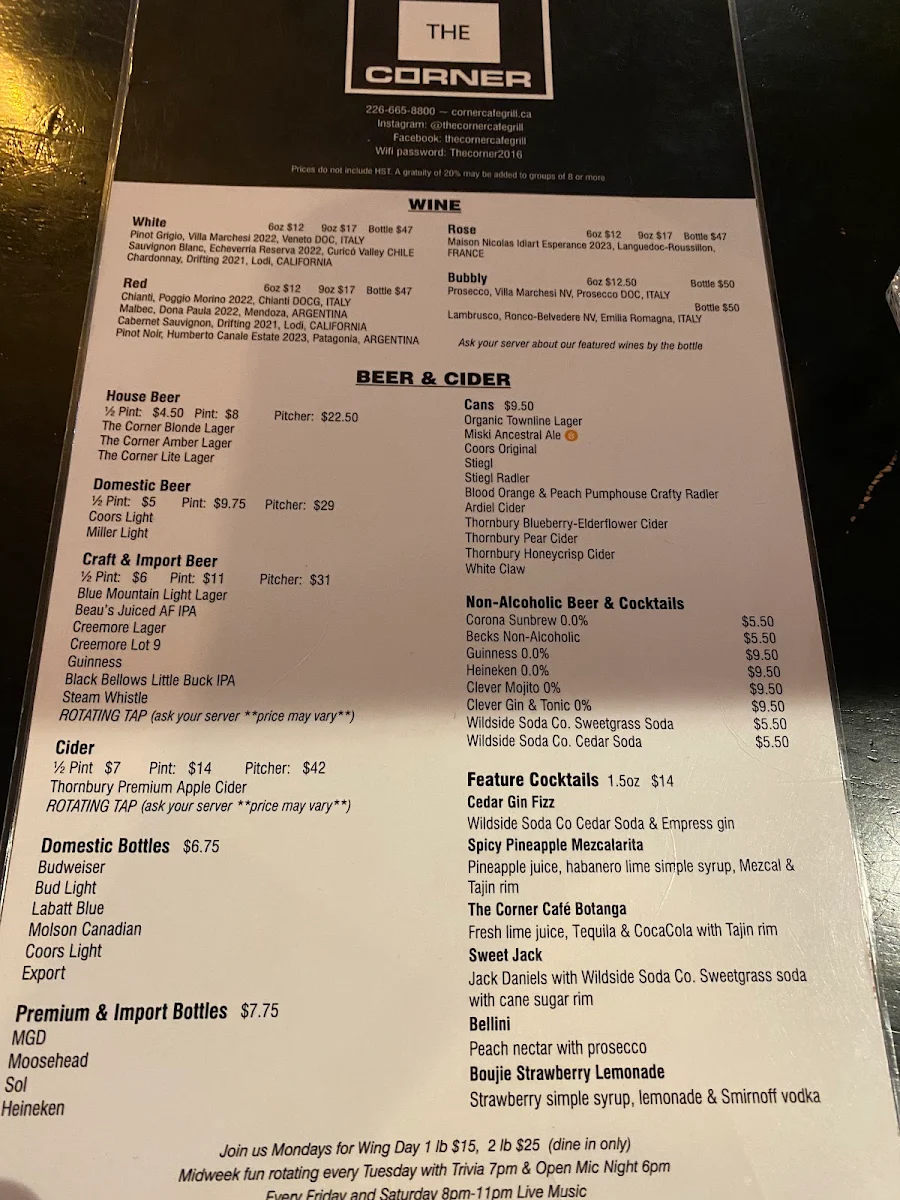 Menu, The Corner Cafe & Grill