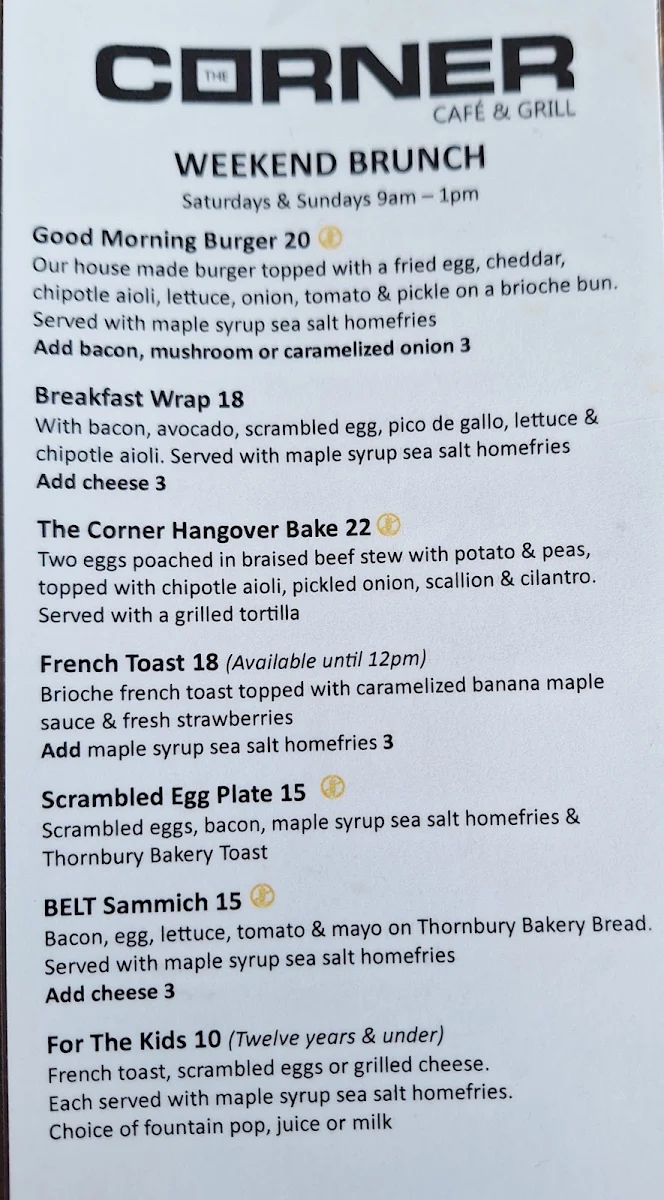 Menu, The Corner Cafe & Grill