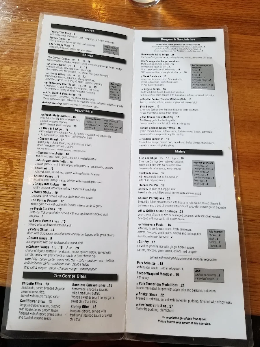 Menu, The Corner Cafe & Grill