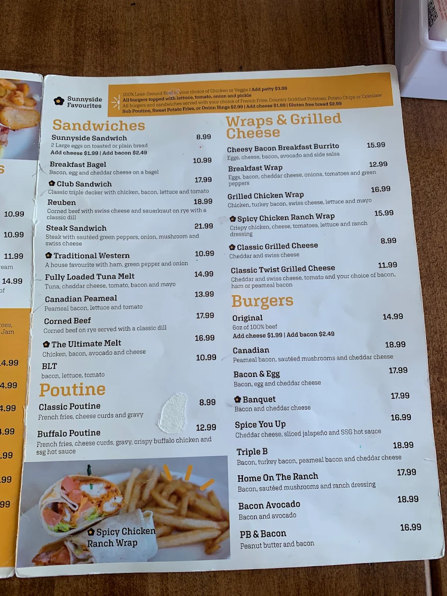 Menu, Sunshine diner