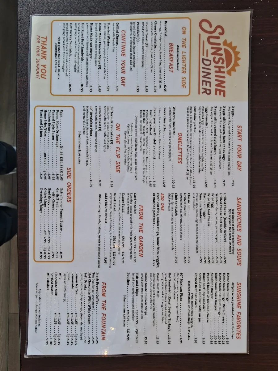 Menu, Sunshine diner