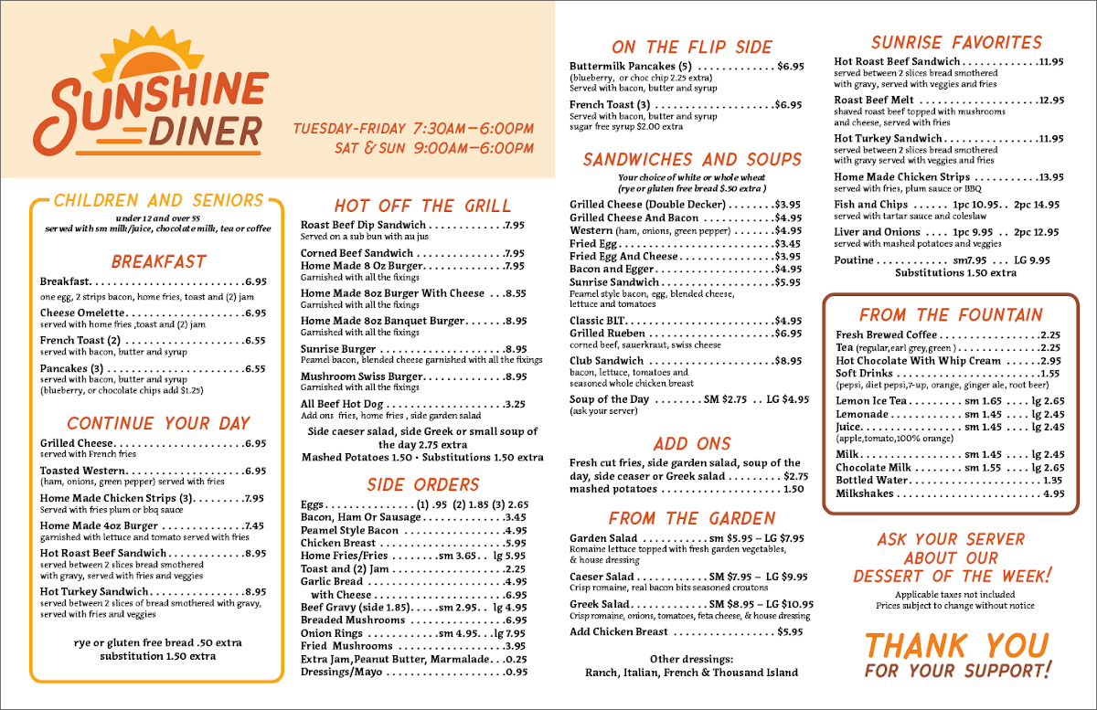Menu, Sunshine diner
