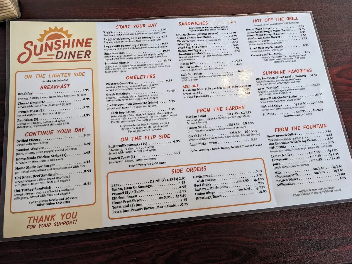 Menu, Sunshine diner