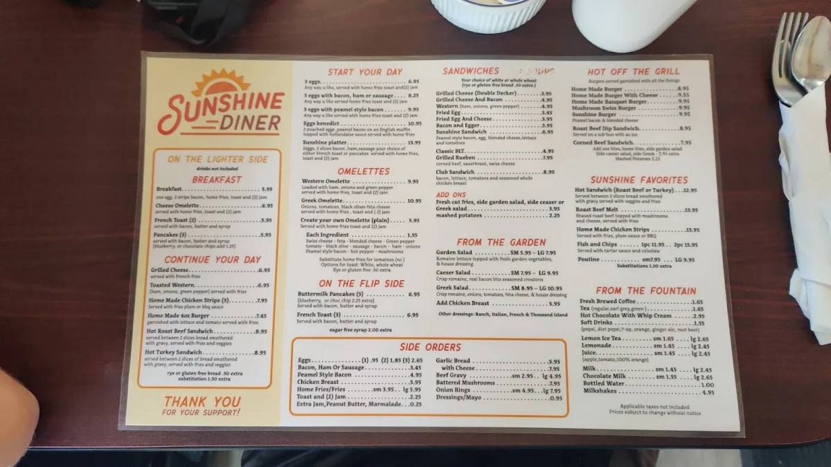Menu, Sunshine diner