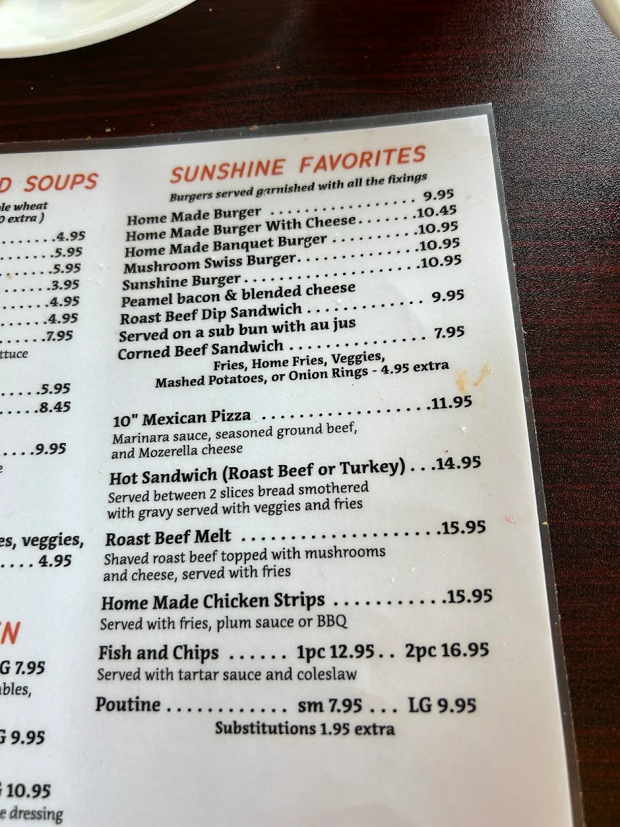 Menu, Sunshine diner