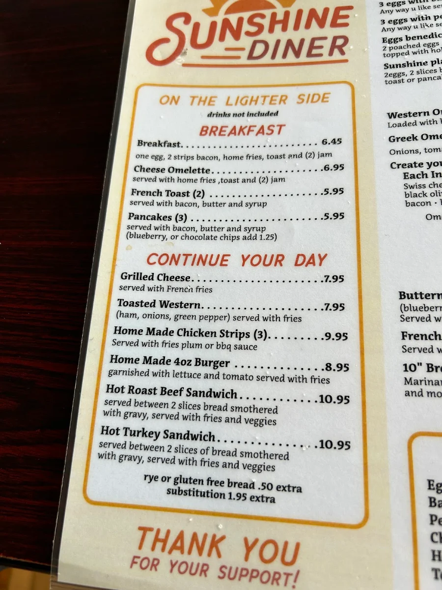 Menu, Sunshine diner