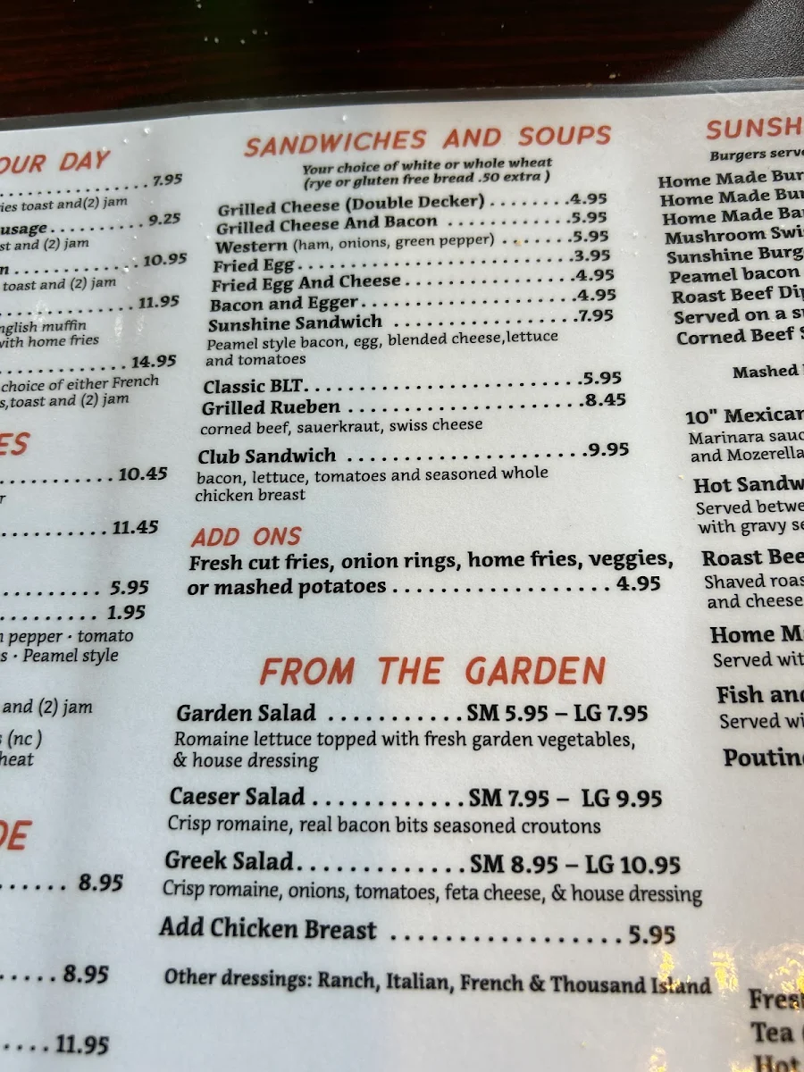 Menu, Sunshine diner
