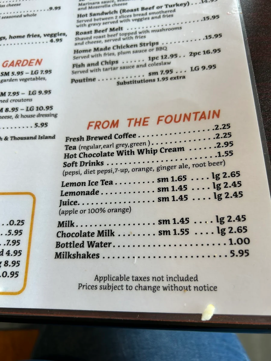 Menu, Sunshine diner