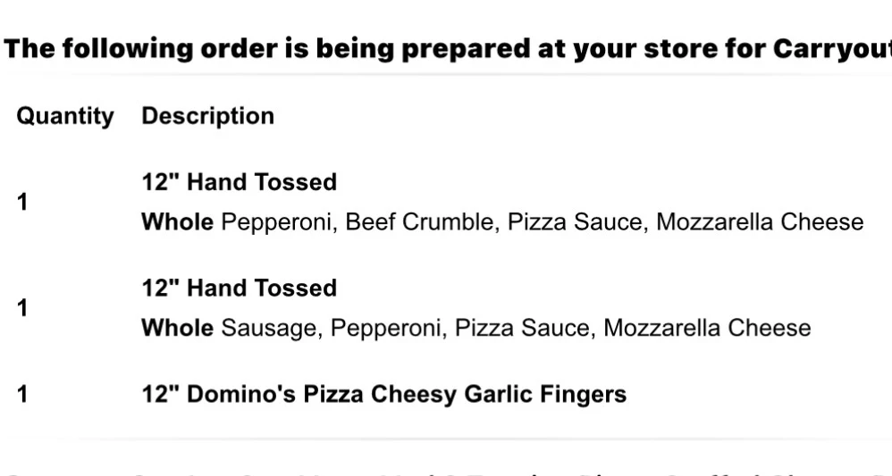 Menu, Domino's Pizza