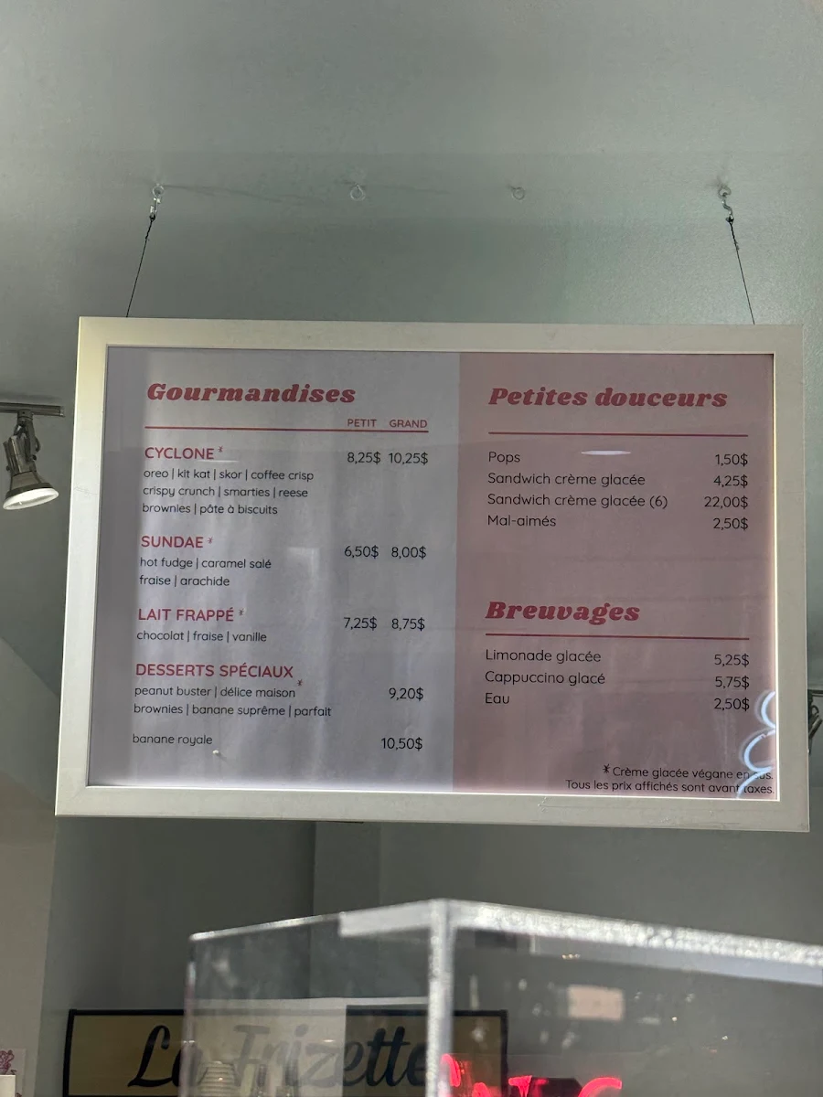 Menu, Bar laitier La Frizette