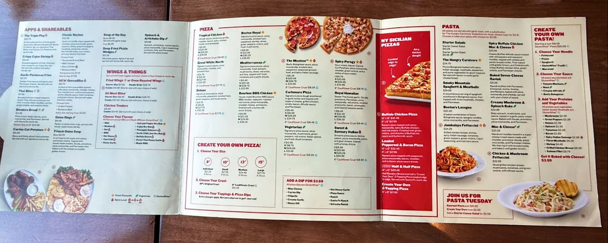 Menu, Boston Pizza