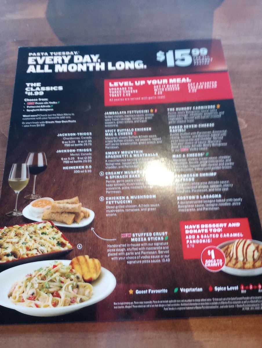 Menu, Boston Pizza