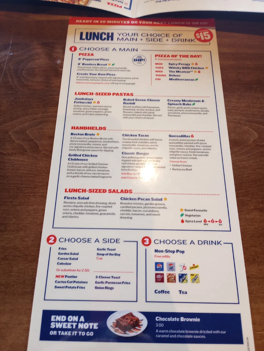 Menu, Boston Pizza