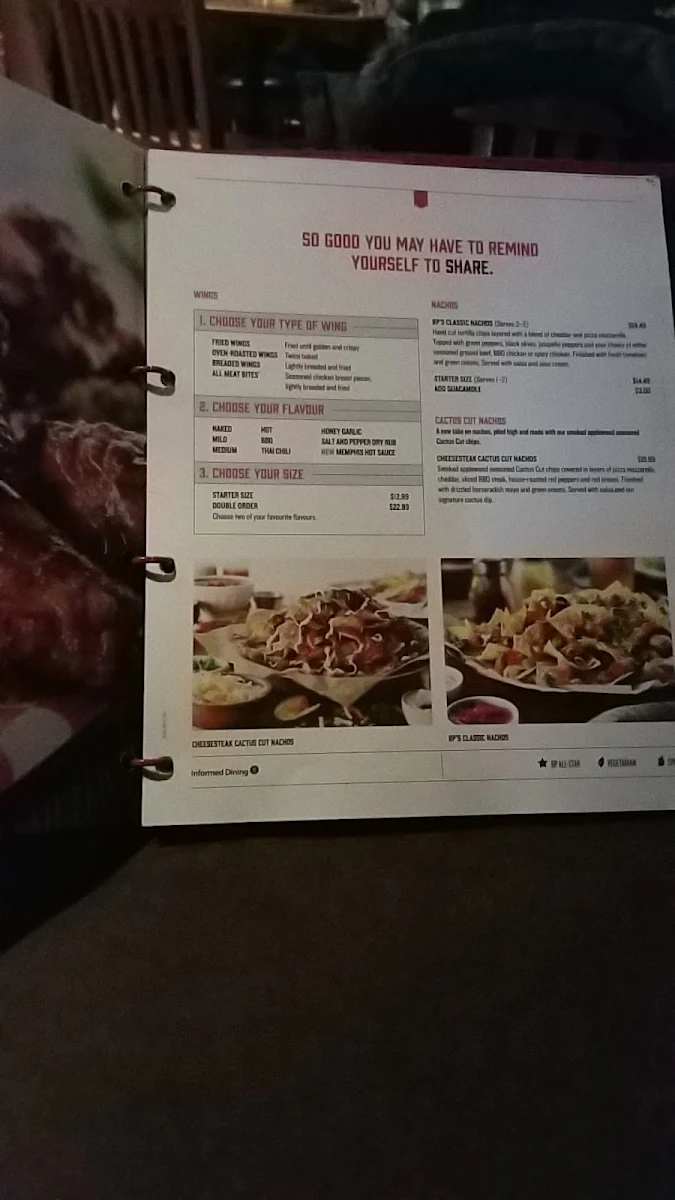 Menu, Boston Pizza