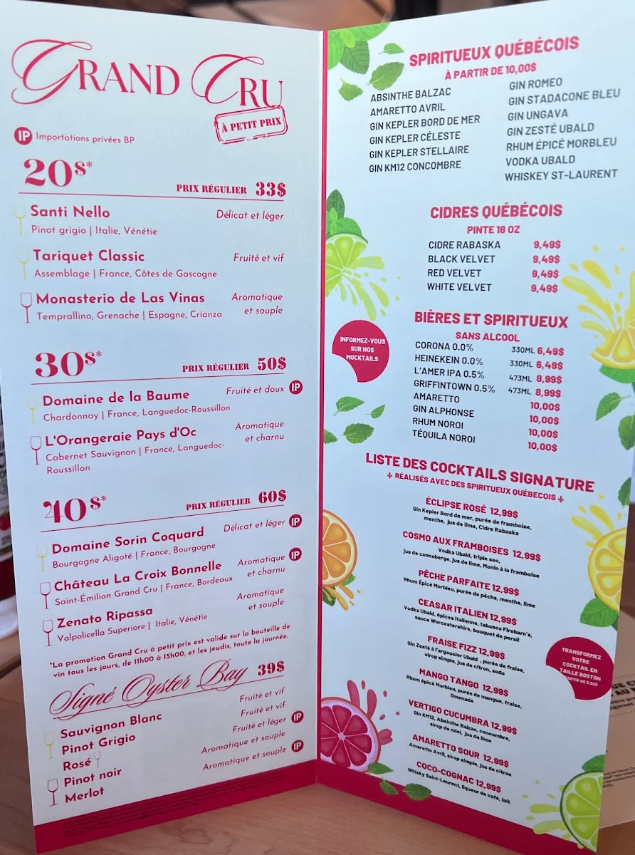 Menu, Boston Pizza