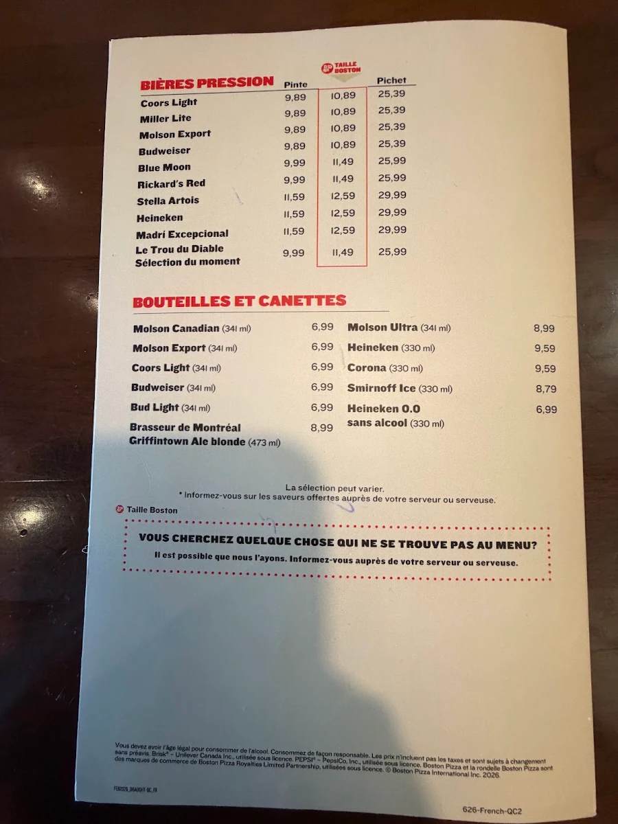 Menu, Boston Pizza