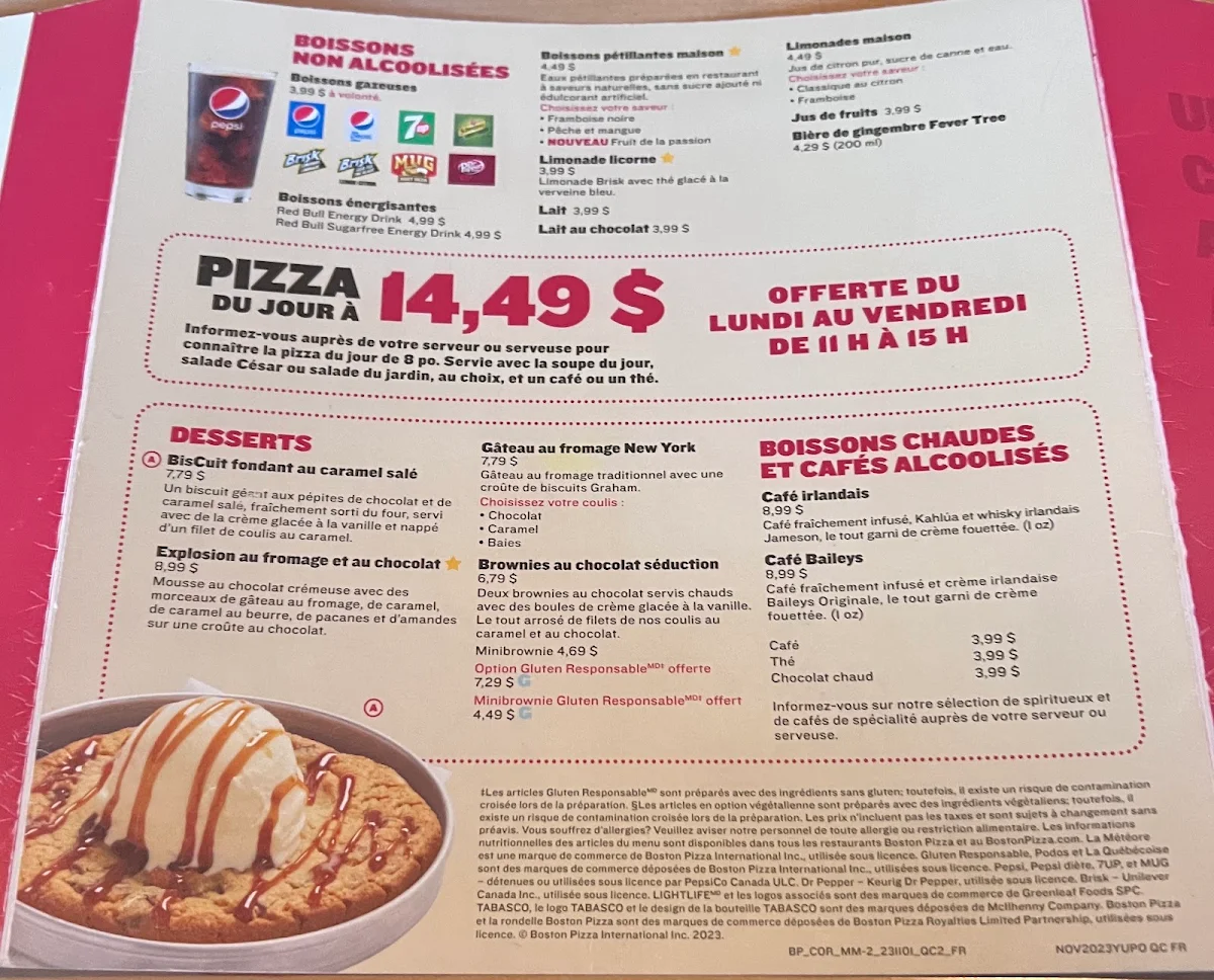 Menu, Boston Pizza