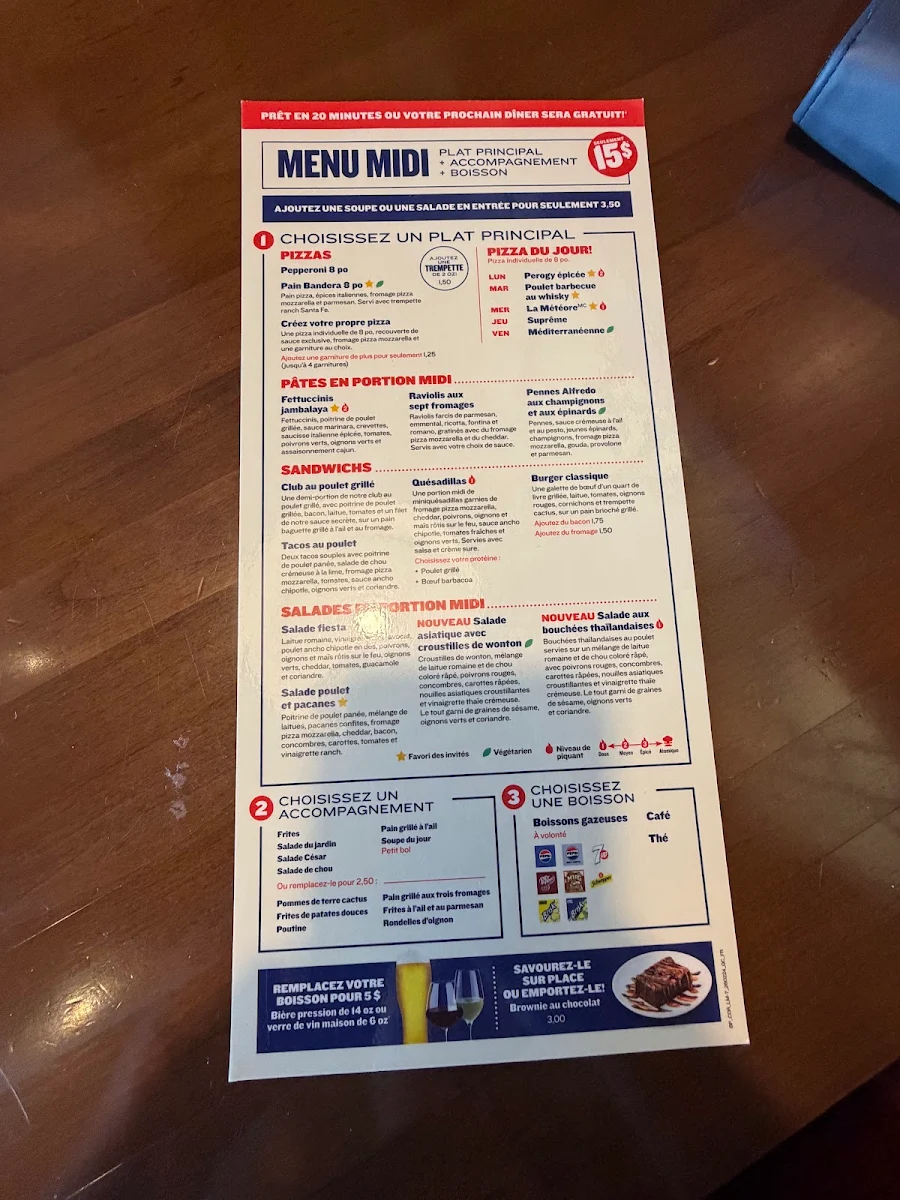 Menu, Boston Pizza