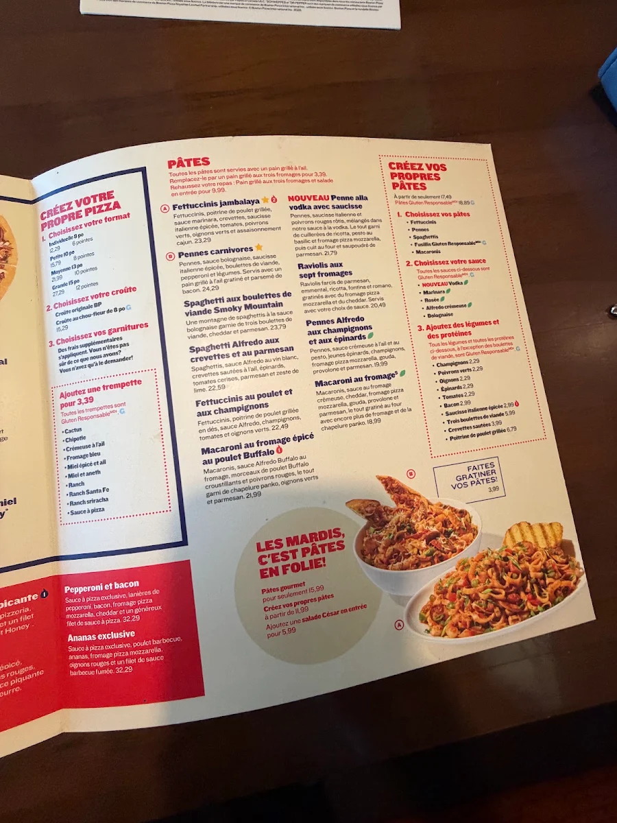 Menu, Boston Pizza
