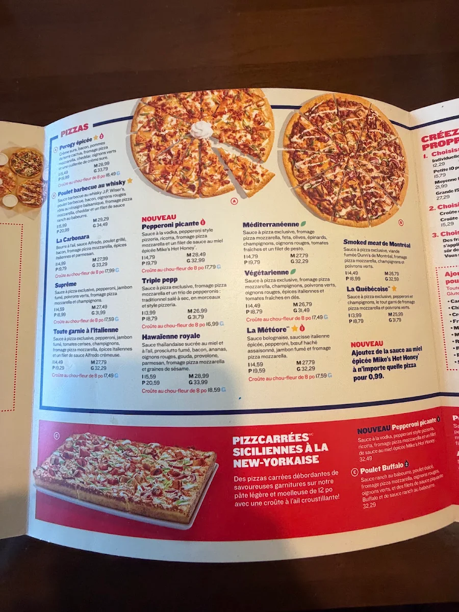 Menu, Boston Pizza