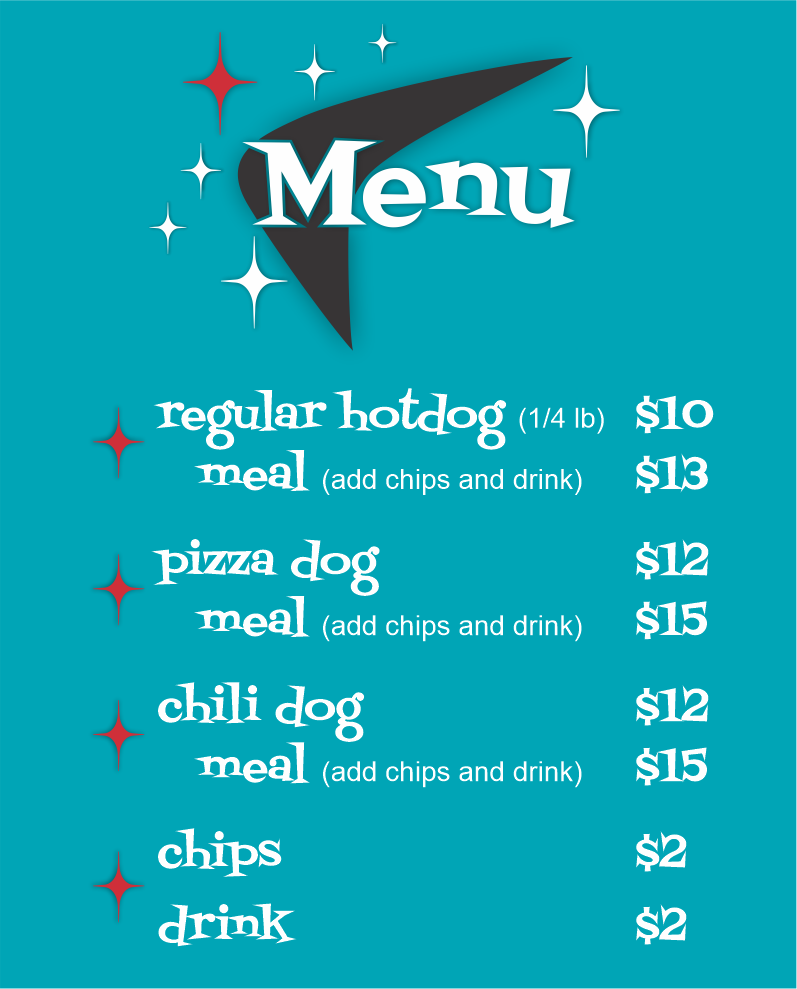 Menu, StarDogs Mobile Hot Dog Cart
