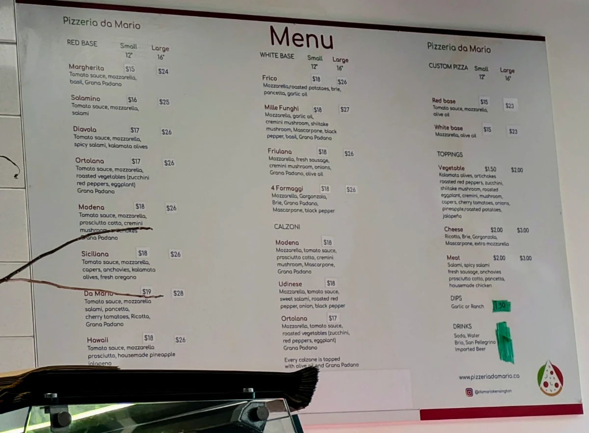 Menu, Pizzeria da Mario Kensington