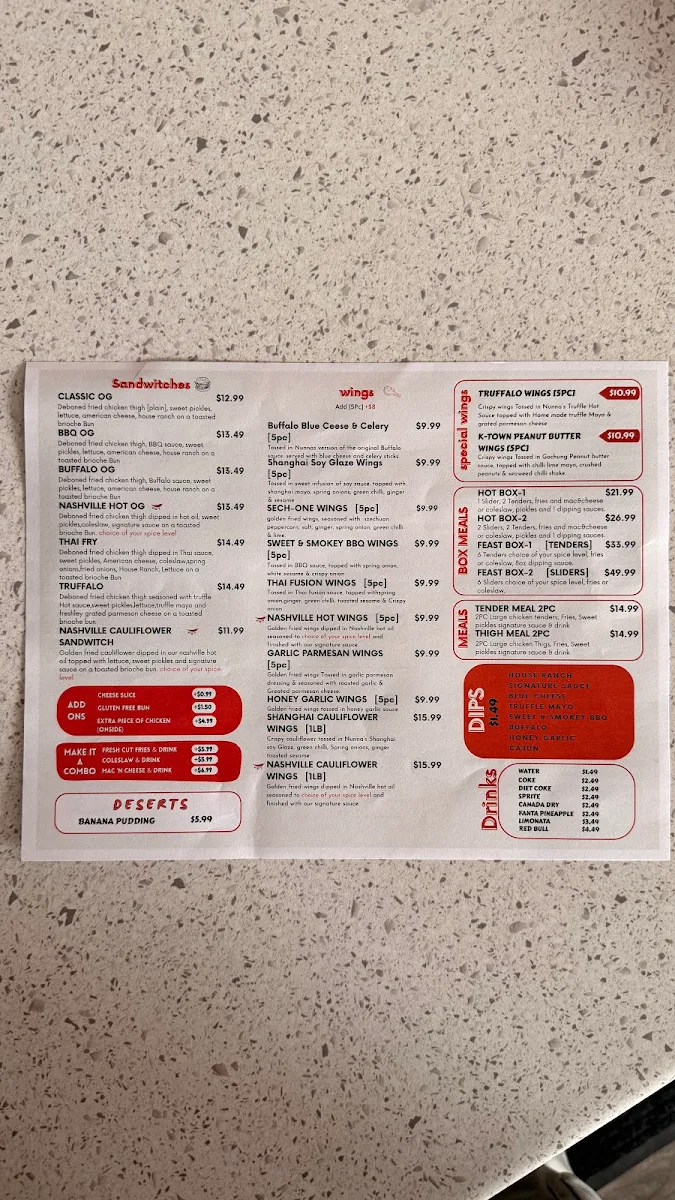 Menu, NUNNA'S HOT CHICKEN