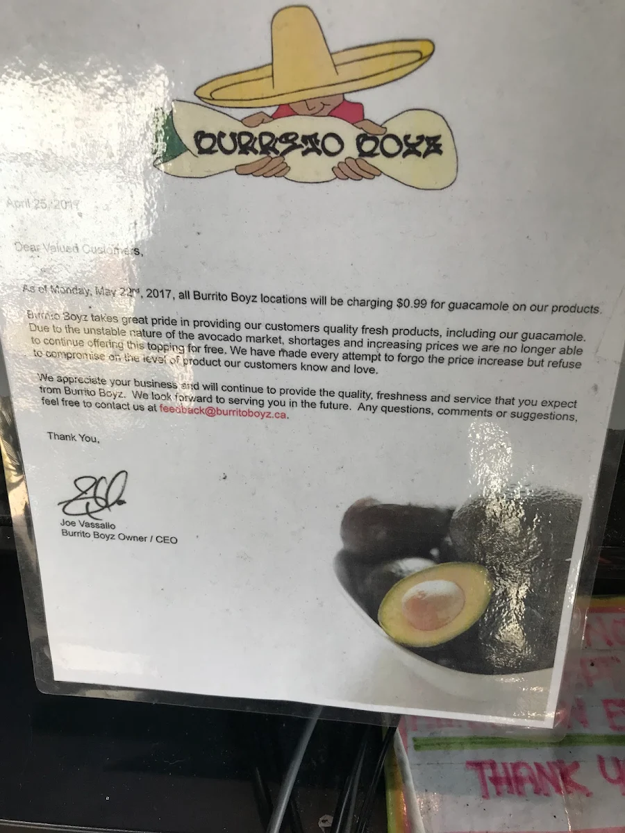 Menu, Burrito Boyz