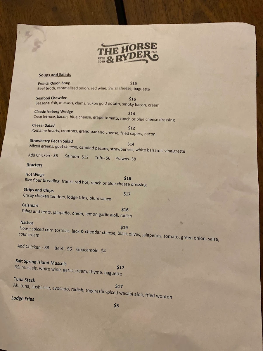 Menu, The Horse and Ryder Pub