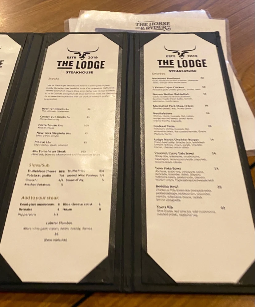 Menu, The Horse and Ryder Pub