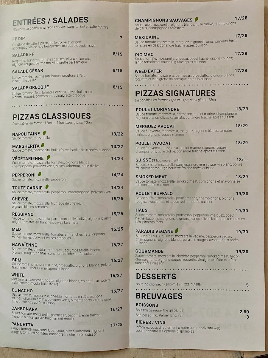 Menu, FF Pizza Beaubien