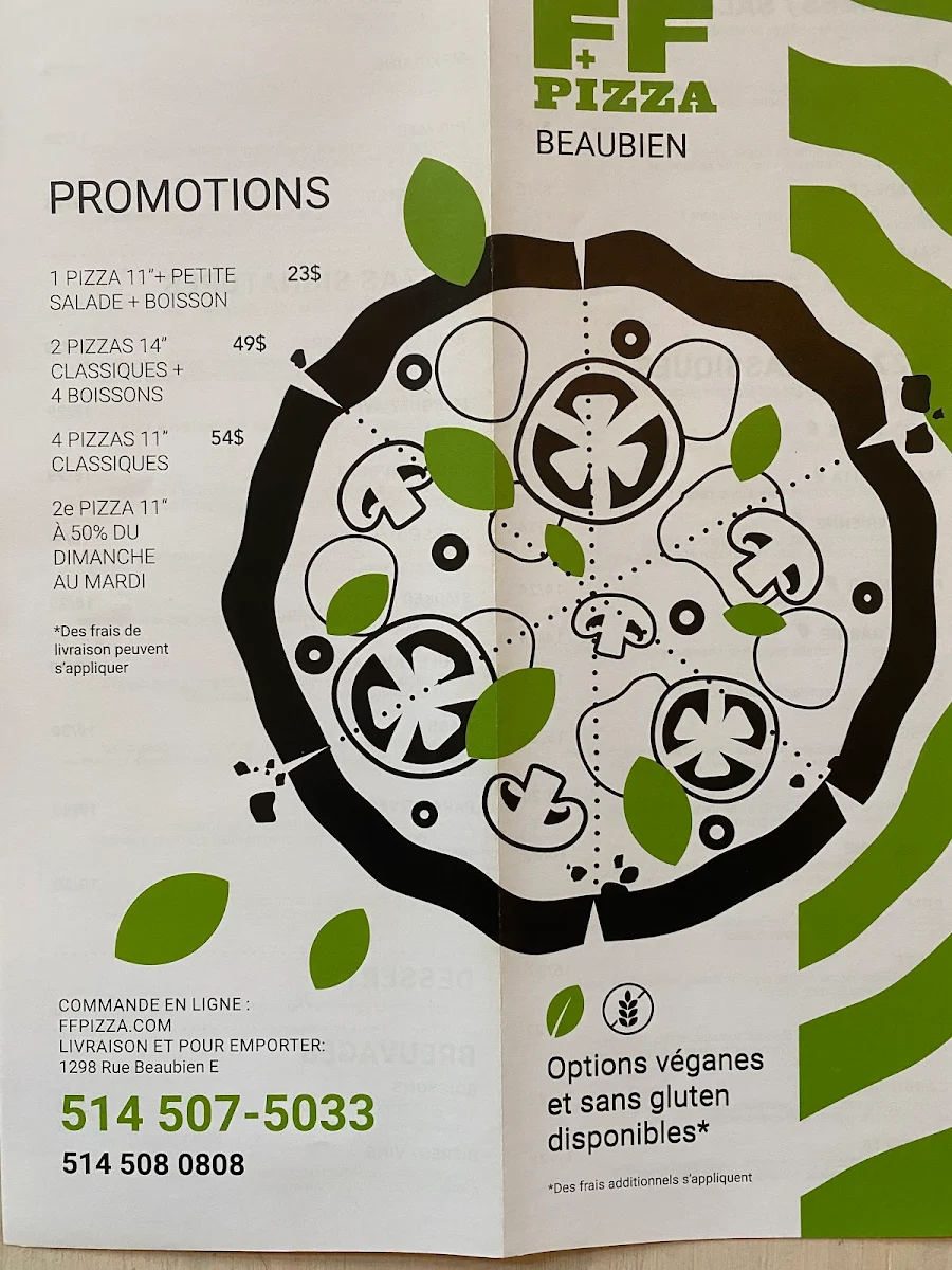 Menu, FF Pizza Beaubien