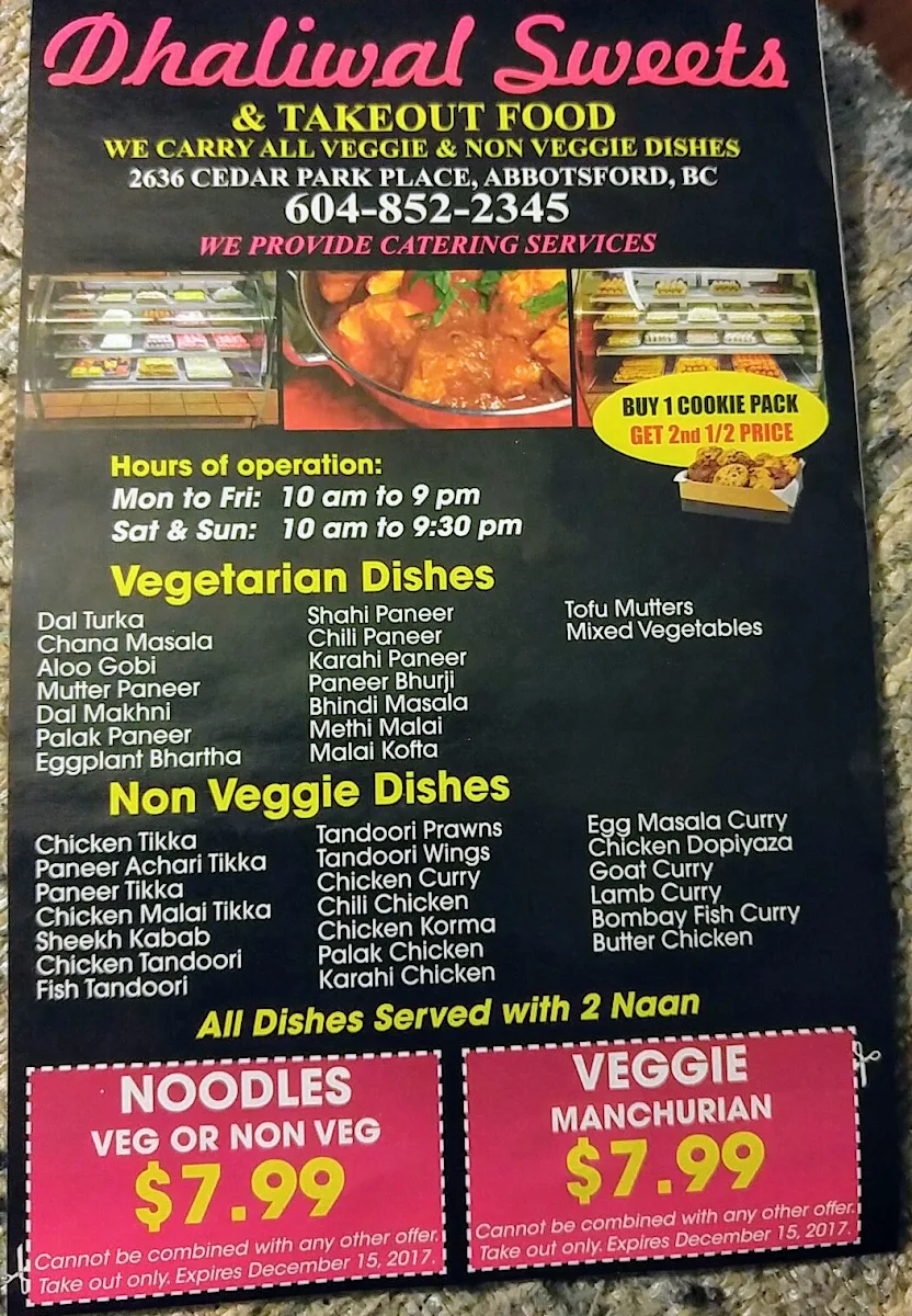Menu, Dhaliwal Sweets and Restaurant