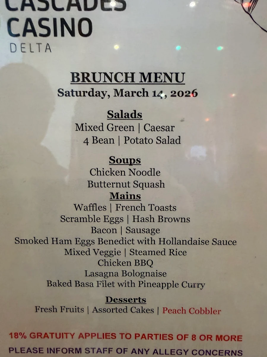 Menu, The Buffet at Cascades Casino Delta